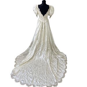 Vintage Satin Beaded Wedding Gown Dress Long Train Puff Sleeve 80's Sz.M Lace